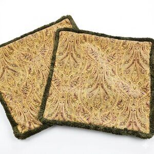 Pair Of Boho Decorative Jaquard Paisley Throw Pillow Covers with Olive Fringe